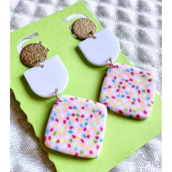 New Pink White Multicolor Dot Geometric Retro 80s Style Matte Earrings - 2.50" - Picture 1 of 5